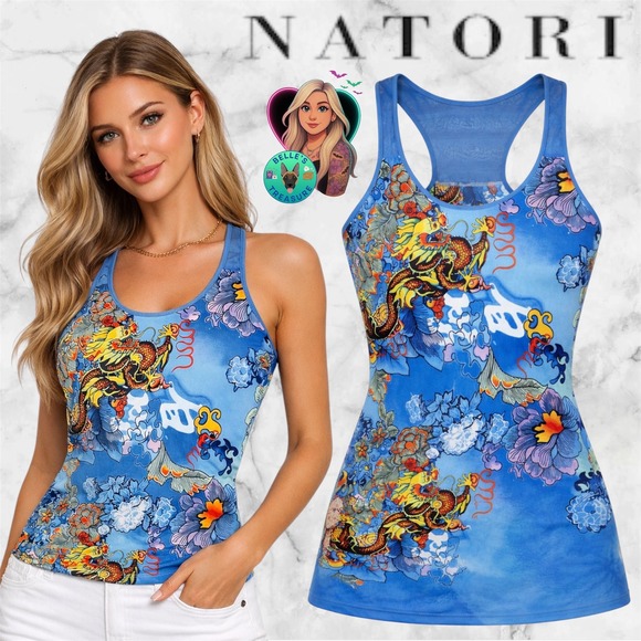 Josie by Natori Tops - Natori Womens Small Blue Japanese Dragon Racerback‎ Tank Top Built-in-Bra Y2K